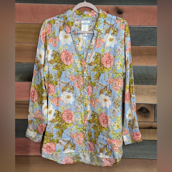 Joie Tops - Joie linen blue floral v neck button down long sleeve shirt